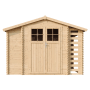 Timbela Holz-Gartenhaus M389F, beige-braun, mit Doppeltür und seitlichen Lagerflächen.