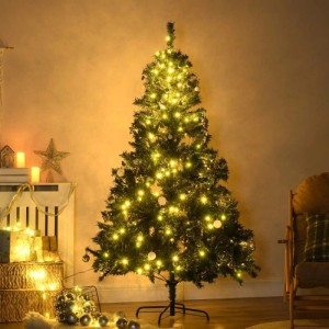 Grüner künstlicher Weihnachtsbaum 180 cm mit 200 warmweißen LEDs und Deko-Kugeln auf Metallfuß, festlich.