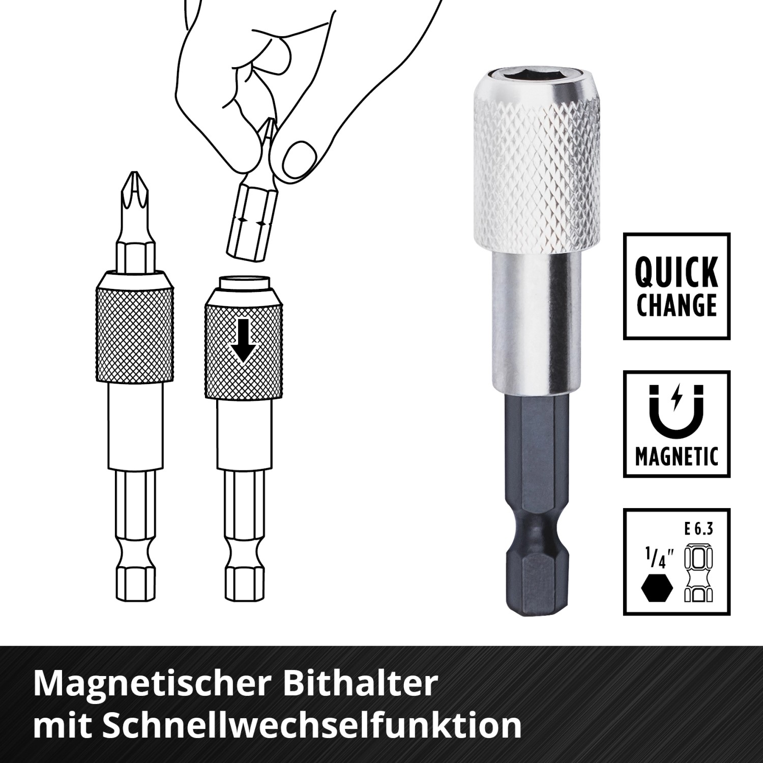 Einhell Bit-Set: Magnetischer Bithalter mit Schnellwechselfunktion für schnellen Bitwechsel.