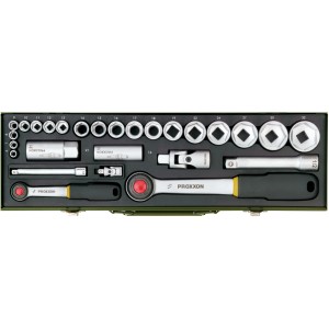 Proxxon Steckschlüsselsatz, 27-teilig, mit Ratschen, Nüssen und Verlängerungen im Stahlkasten.