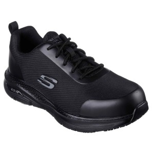 Schwarzer Skechers S3 Sicherheitsschuh für Herren mit Stahlkappe, rutschhemmender Sohle und Arch Fit Technologie.