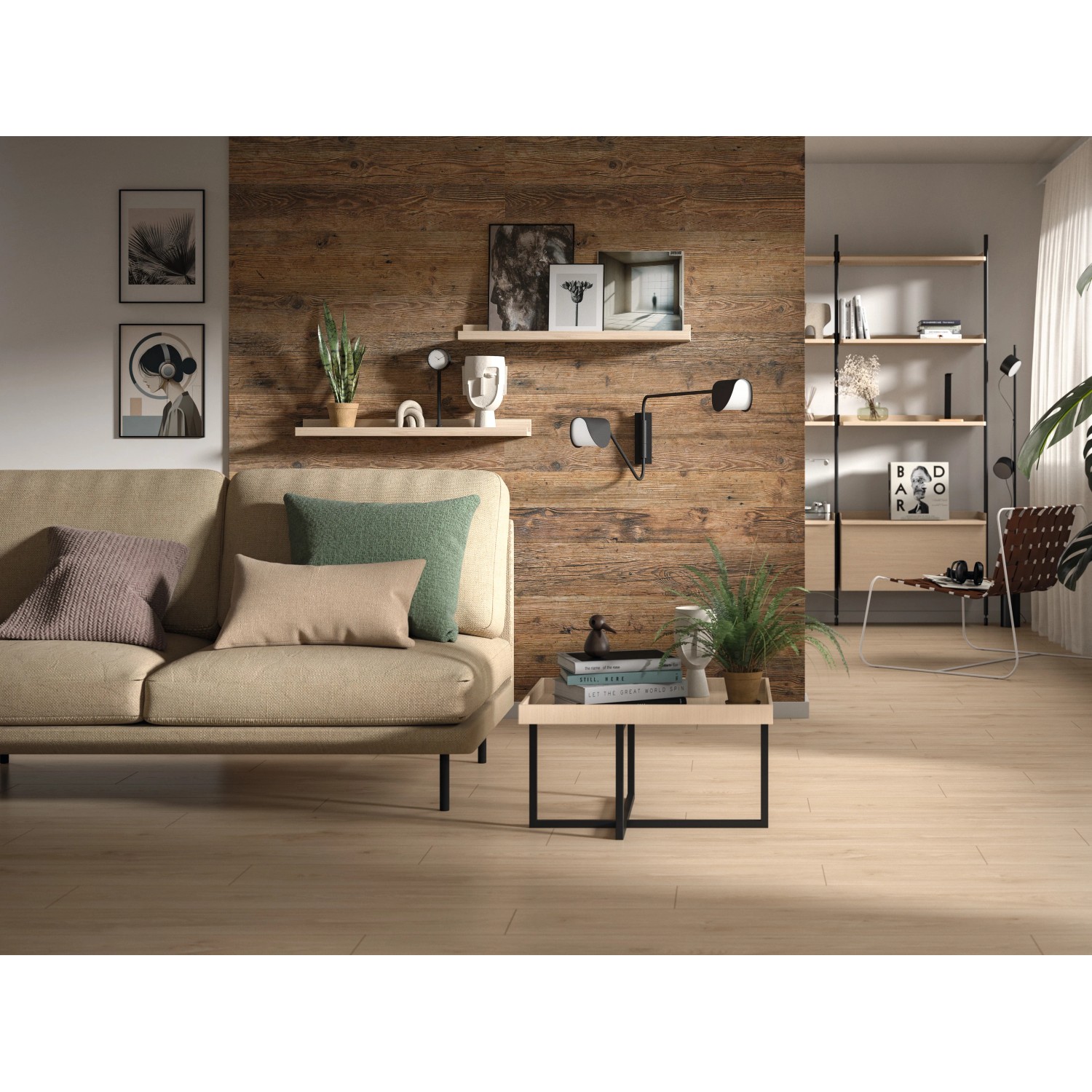 Wohnraum mit Egger DecoWall Wandpaneelen Namur Fichte Natur als Wandverkleidung.