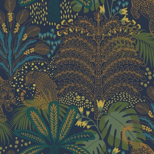 Blaugrüne Vliestapete Savannah Fauna mit Dschungelmotiv und Leopardenmuster.