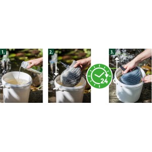 Anwendung des Heissner Clean Spezialreinigers für Teichpumpen und Filter in 3 Schritten.