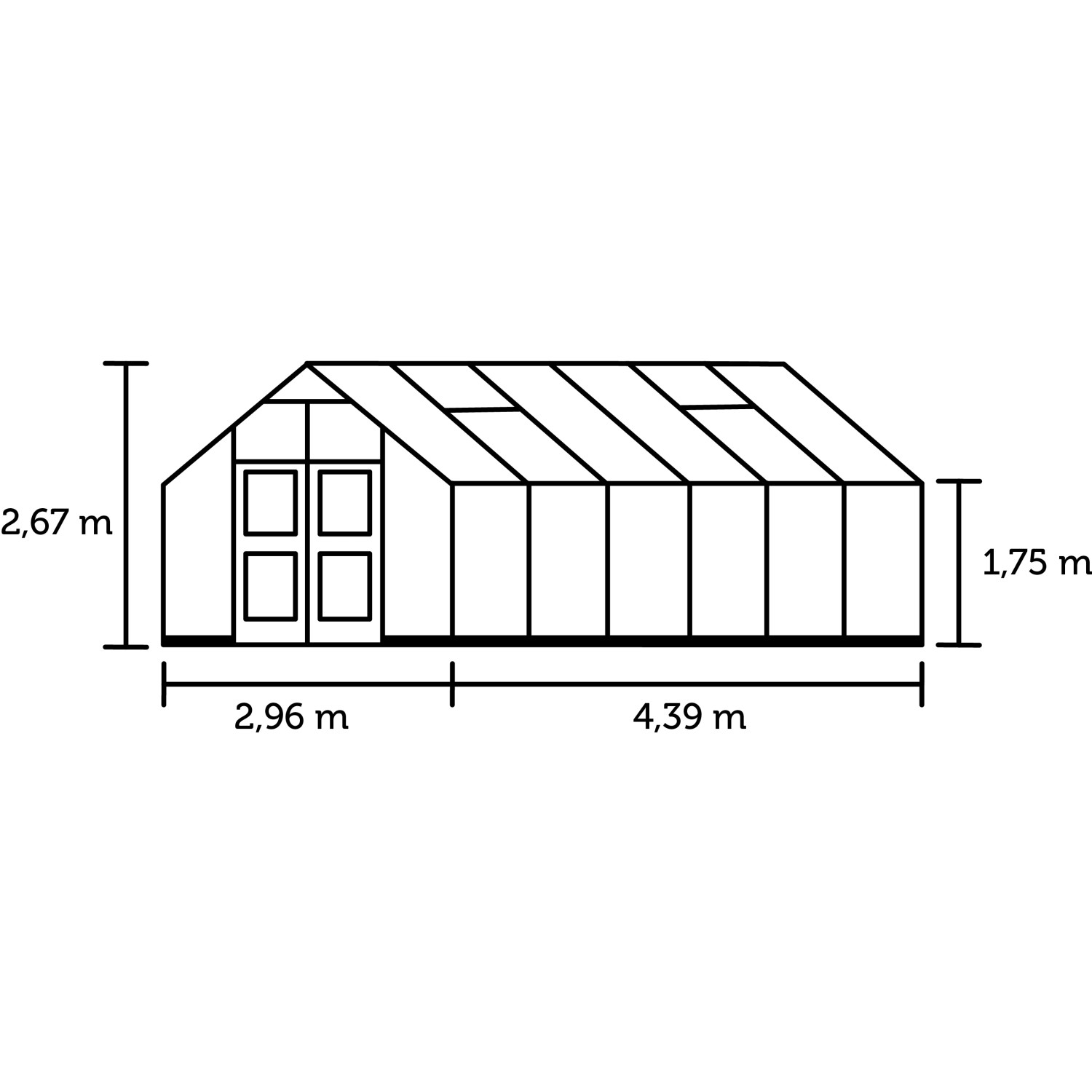 Skizze des Juliana Premium 13 Gewächshauses mit Maßangaben.