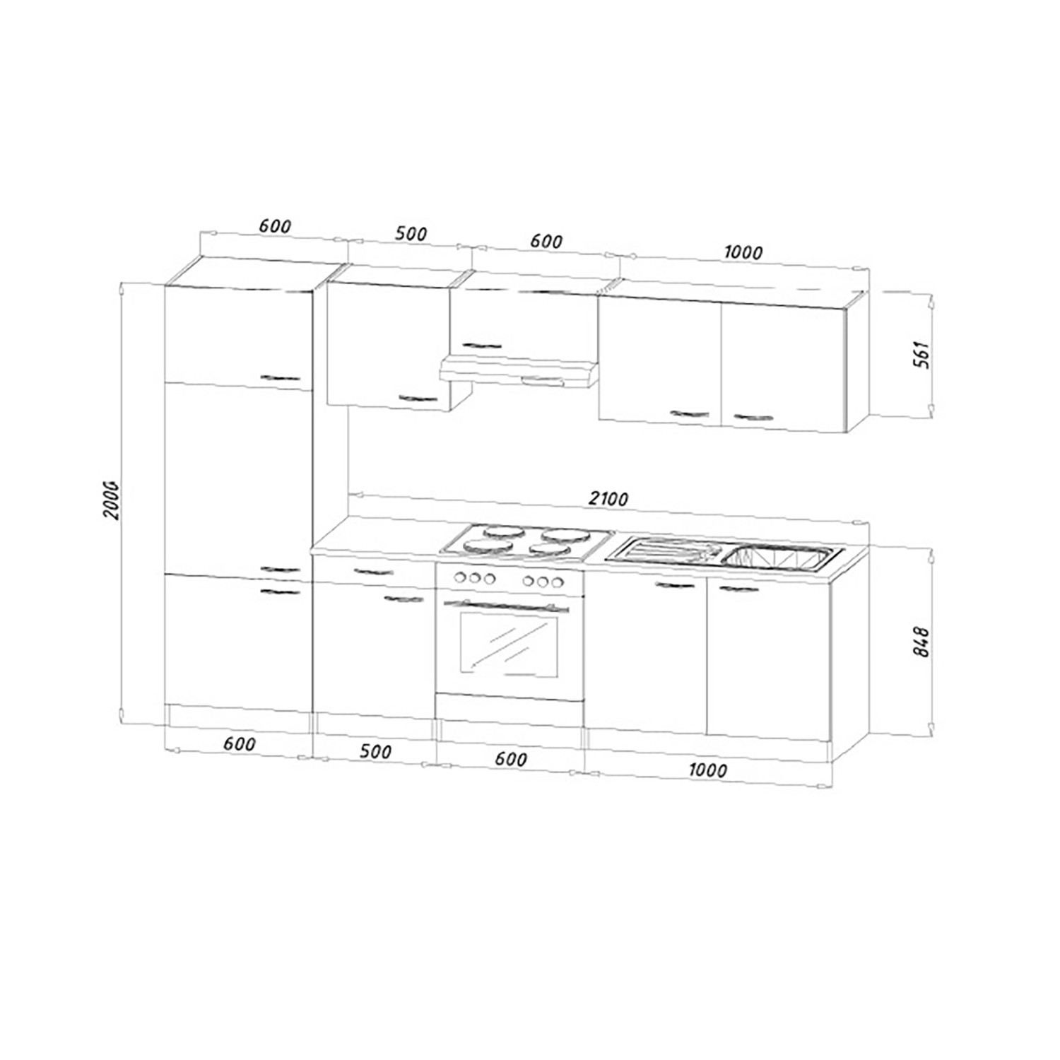 Skizze der Respekta Küchenzeile LBKB270BBMA, 270 cm, Buche Nachbildung, ohne E-Geräte.