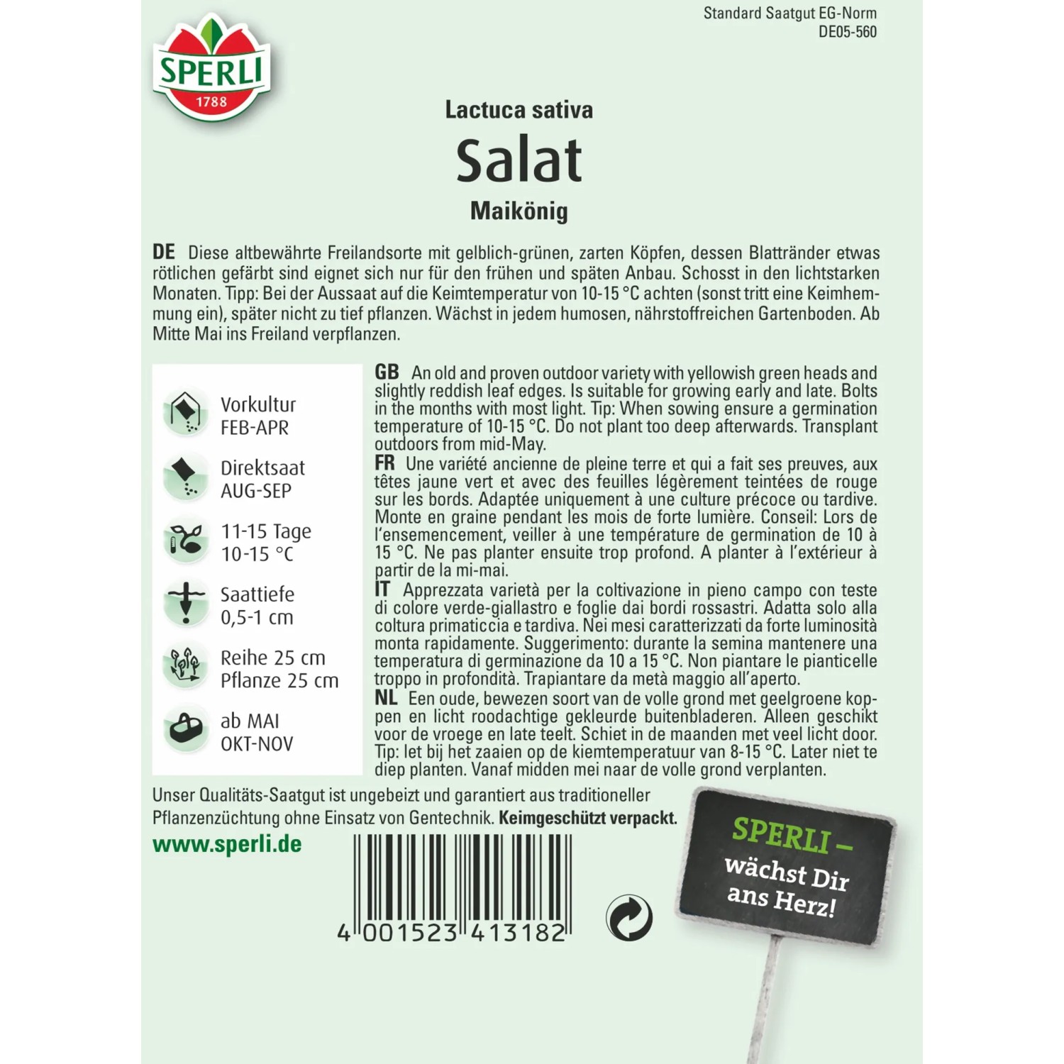 Sperli Salat May King Samenpackung: Gelblich-grüne Salatköpfe für Frühjahr und Herbst.