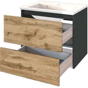 Held Möbel Einzelwaschtisch Bari 60 cm, Eiche Natur/Anthrazit, mit zwei Schubladen und Softclose.