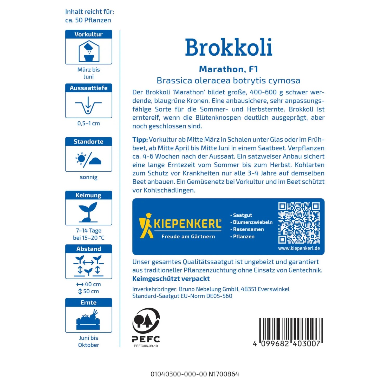 Kiepenkerl Brokkoli Marathon F1 Samenpackung, ertragreiche Sorte für Sommer- und Herbsternte.