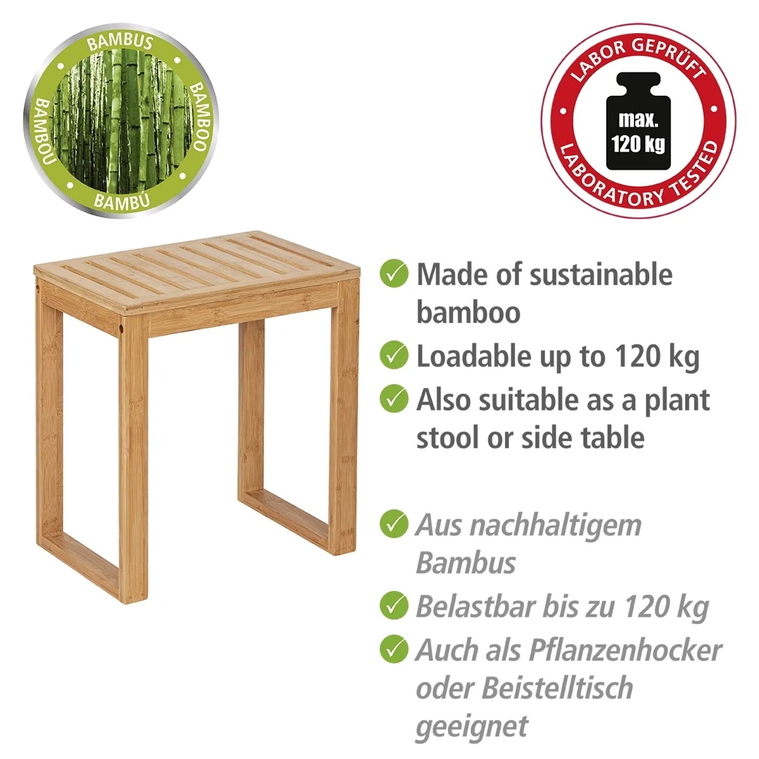 WENKO Badhocker Bambusa aus Bambus, rechteckig, für Bad & Wohnbereich, bis 120 kg belastbar.