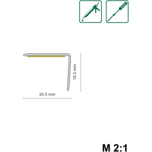 Detailansicht Treppenprofil simple-fix Alu, selbstklebend, Dekor Kiefer, mit Maßangaben.