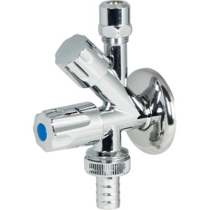 Waschgeräte-Eckventil mit Schlauchverschraubung, verchromt, mit zwei Griffen.