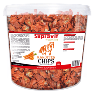 Großer Eimer Supravit Karottenchips für Pferde, 2kg. Getrocknete Möhrenchips als schmackhaftes Pferdeleckerli, vitaminreich.