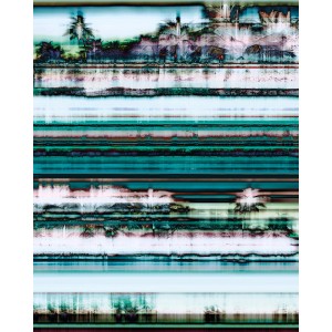 Komar Fototapete Vlies Miami Radio, 200x250cm, abstraktes Palmen-Motiv in Türkis- und Brauntönen.