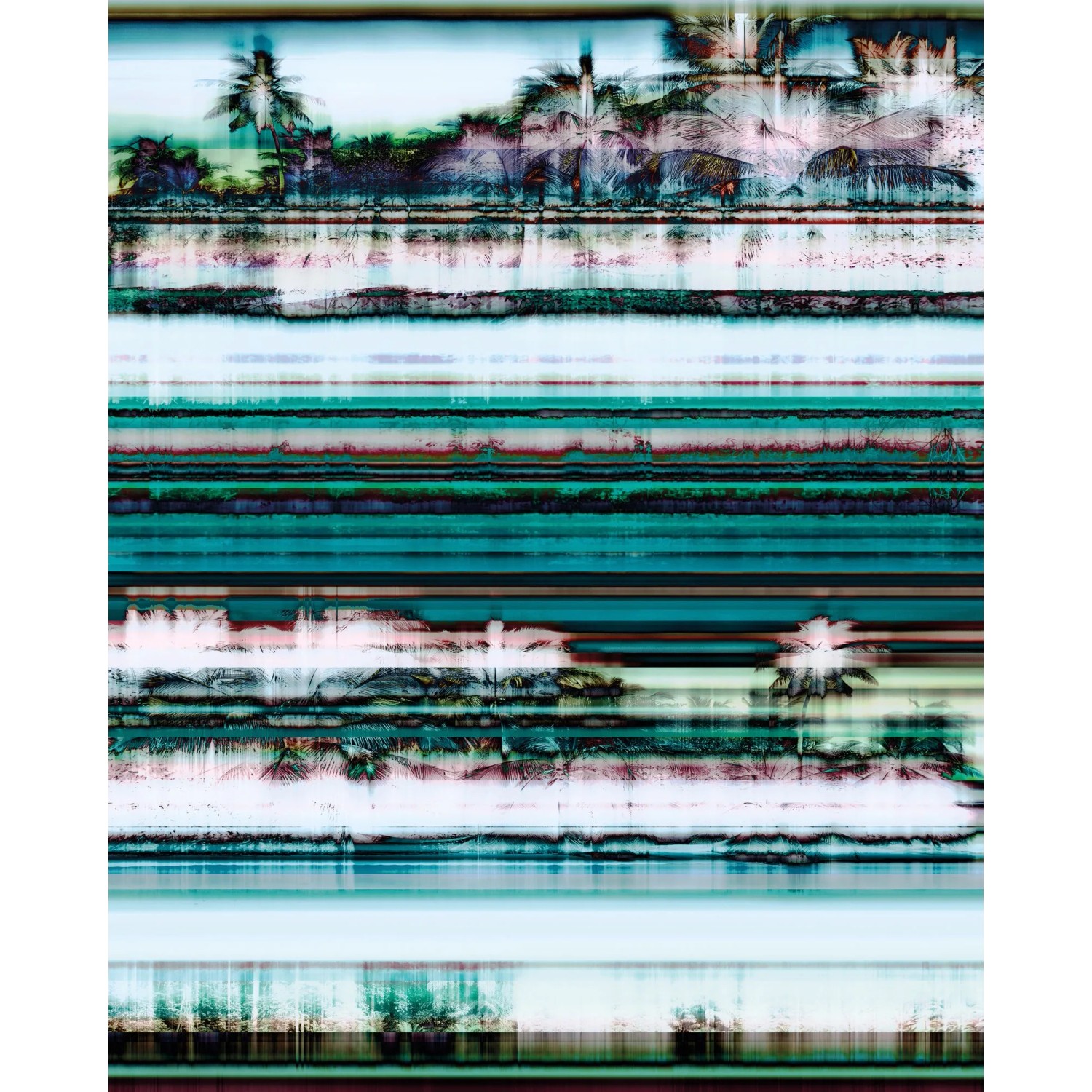 Komar Fototapete Vlies Miami Radio, 200x250cm, abstraktes Palmen-Motiv in Türkis- und Brauntönen.