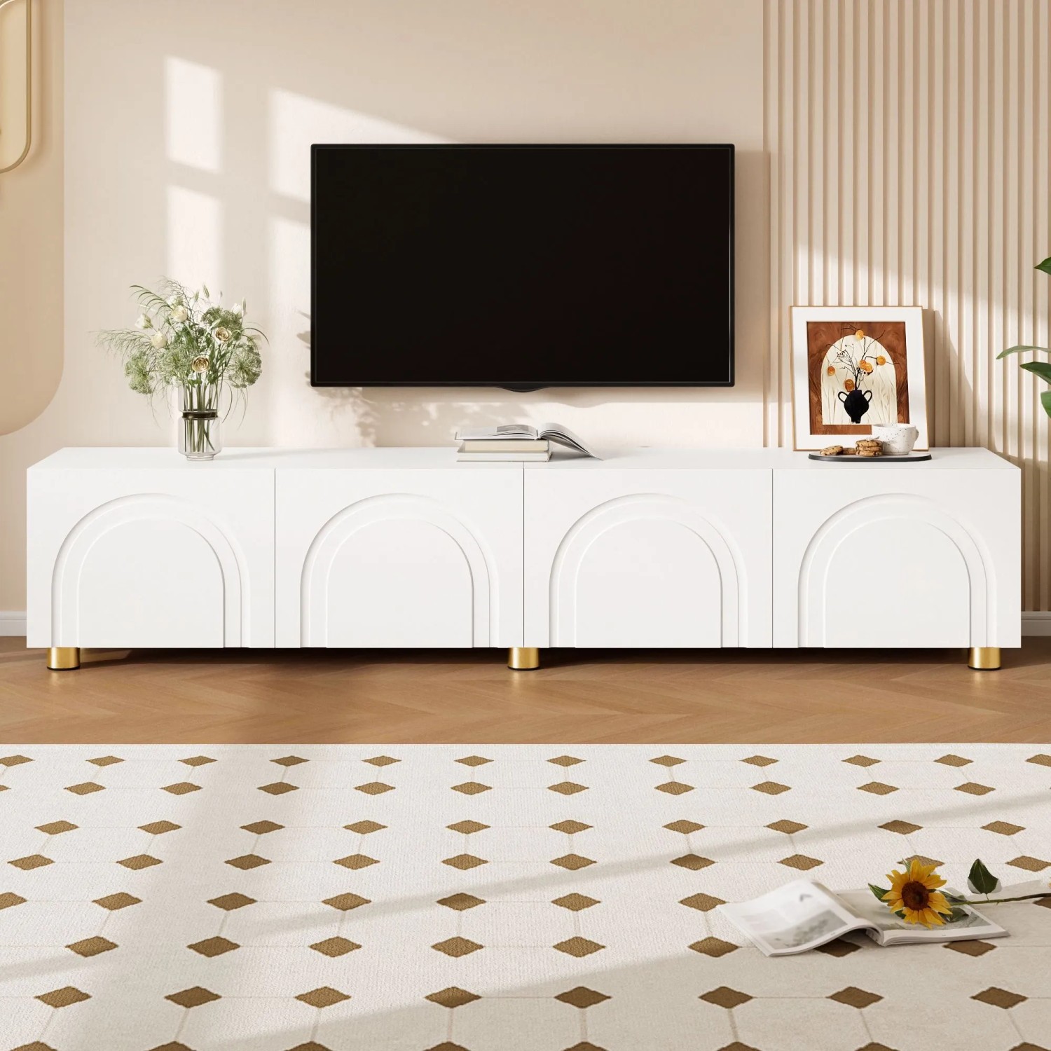 okwish TV-Schrank Lowboard mit Bogenrelief 4 Türen Metallfüße Wohnzimmer 180x35x40cm Weiß_2