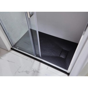 Anthrazitfarbene Baliv Duschtasse DW-90.120 E mit Struktur und Ablaufabdeckung in einer Duschkabine.