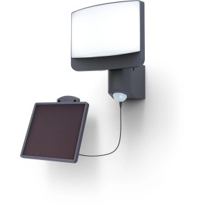 Lutec LED-Solarwandleuchte Sunshine, anthrazitfarbene Außenleuchte mit Bewegungssensor und Solarmodul.