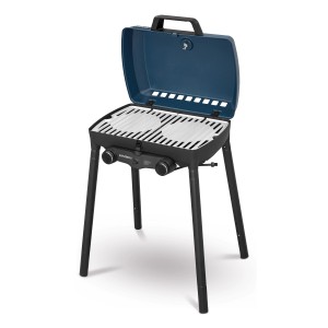 Enders Camping-Gasgrill Explorer II Caravan 30 mbar mit Edelstahlrost und blauer Haube.
