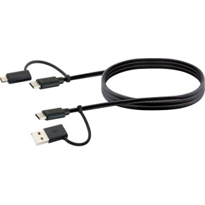 Schwarzes 4-in-1 Ladekabel von Schwaiger, 1,5 m, mit USB-A, Micro-USB und USB-C Anschlüssen für Handy-Zubehör.