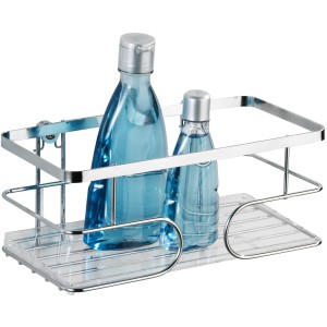 Wenko Wandablage Premium, 24x10 cm, Edelstahl glänzend mit zwei blauen Flaschen.
