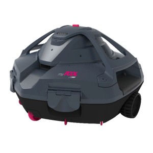 Kompakter myPOOL Akkuroboter MP 500 in Dunkelgrau-Schwarz mit pinken Akzenten. Automatischer Pool Reiniger.
