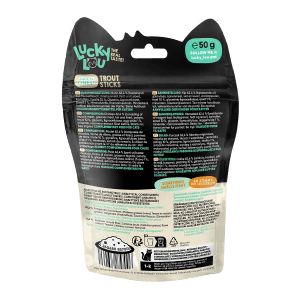 Lucky Lou Katzen-Trockenfutter Sticks Huhn & Forelle, 50g Packung.
