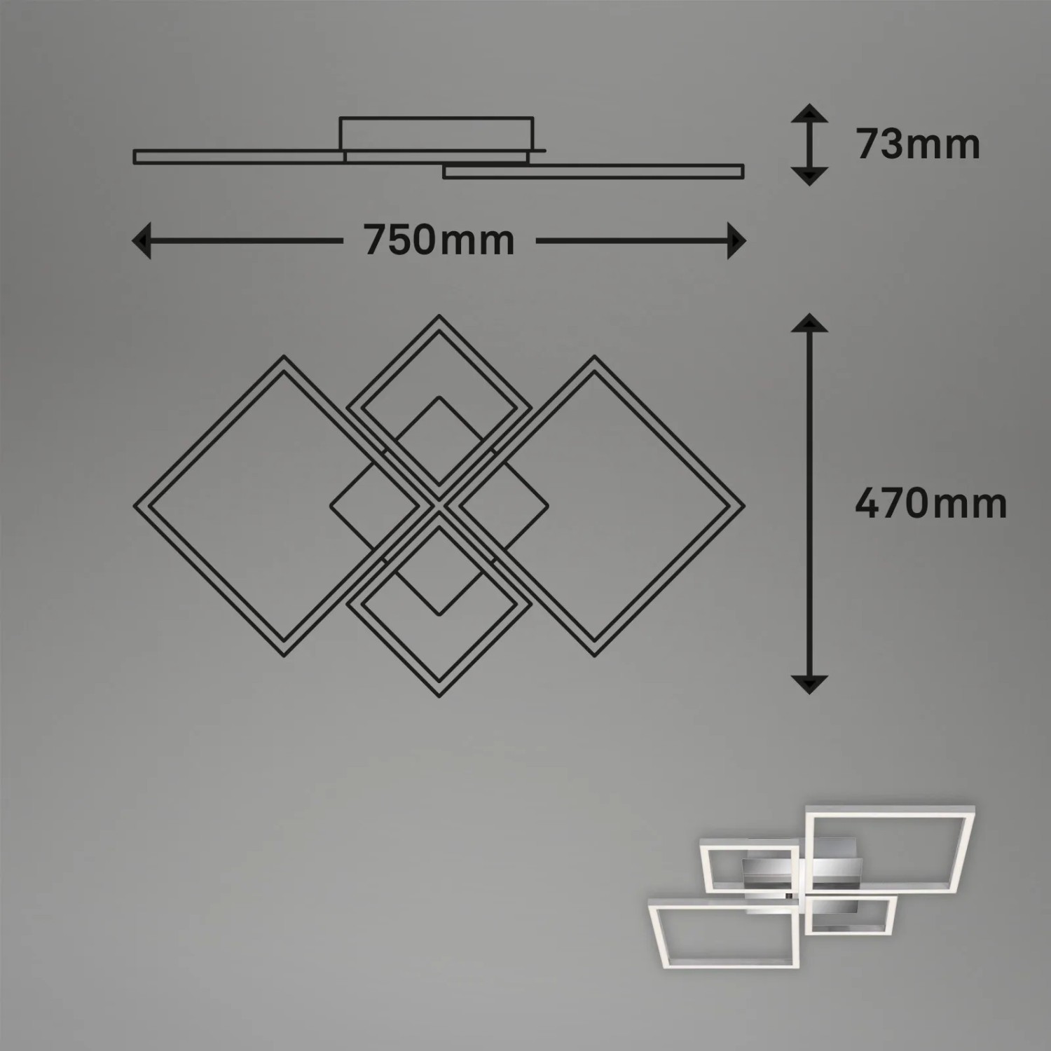 Abbildung der Brilo LED-Deckenleuchte Frame in Silber mit Maßangaben.