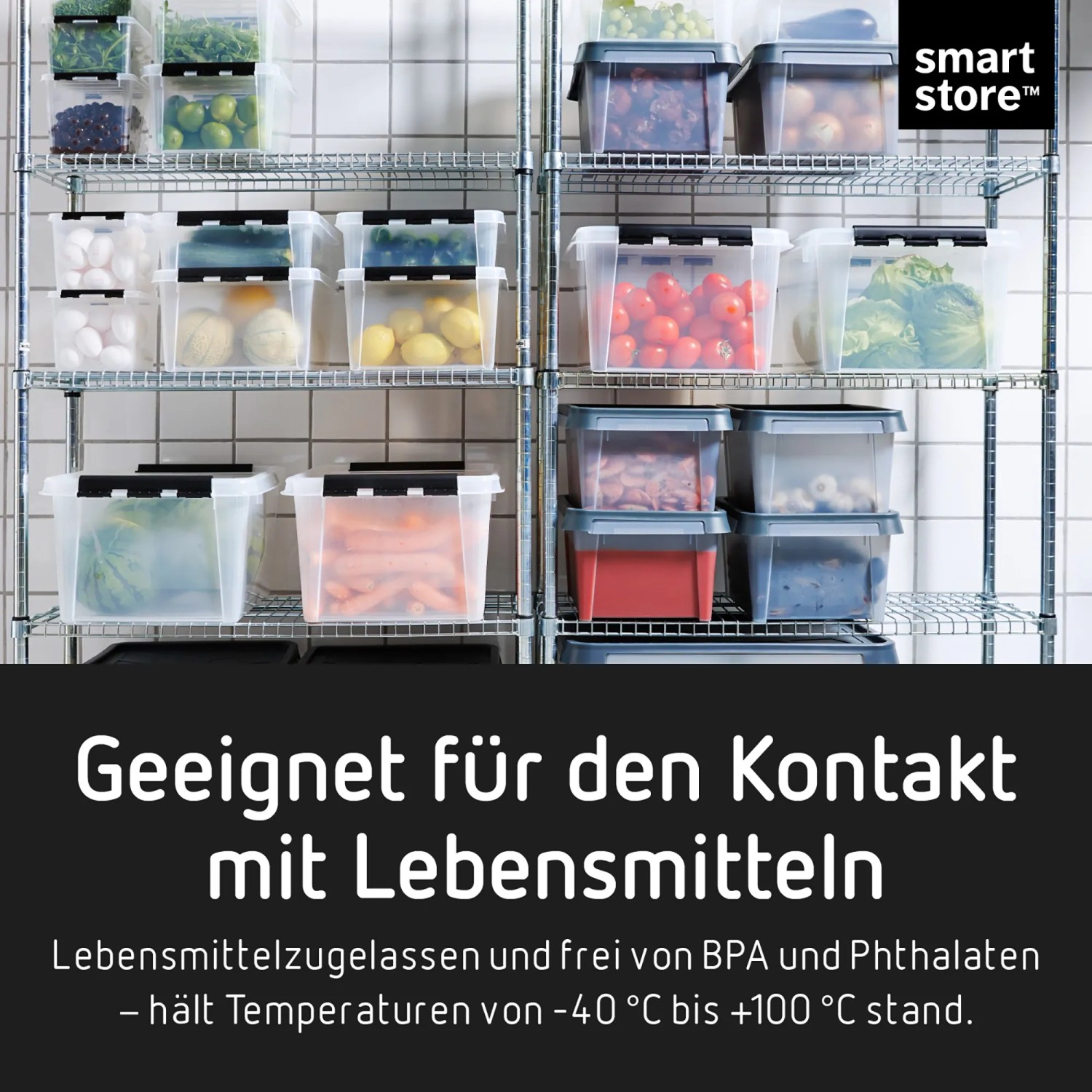 Regal mit SmartStore Aufbewahrungsboxen Classic 1 l mit Deckel, gefüllt mit Lebensmitteln.
