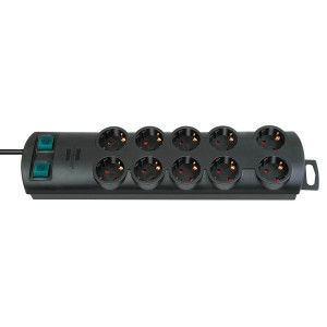 Brennenstuhl Primera-Line Steckdosenleiste, 10-fach, schwarz, mit zwei Schaltern und Kinderschutz.