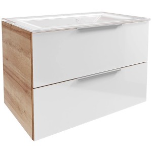 Fackelmann Waschplatz-Set B.Brillant, 80 cm, Asteiche/Glas Weiß, mit zwei Schubladen.