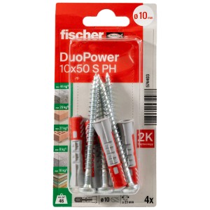 Fischer Universaldübel DuoPower 10x50 mm, 4er-Pack. Universaldübel mit Schrauben für sicheren Halt in versch. Materialien.