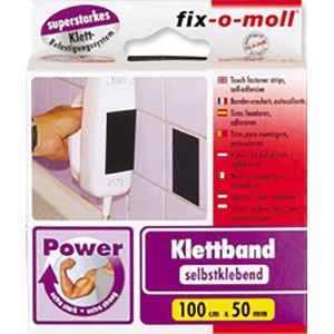 Fix-o-moll Power-Klettband, selbstklebend, schwarz, 100x50mm. Starkes Klettsystem für Werkzeug und mehr.