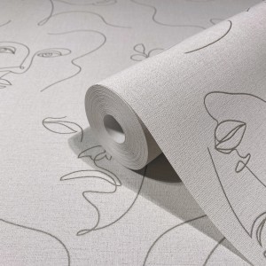 Beige Vliestapete Kylie 10 in Textiloptik mit modernem Gesicht-Muster.