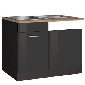 Held Möbel Spülenunterschrank Mailand, 110 cm, Hochglanz Graphit mit Edelstahlspüle.