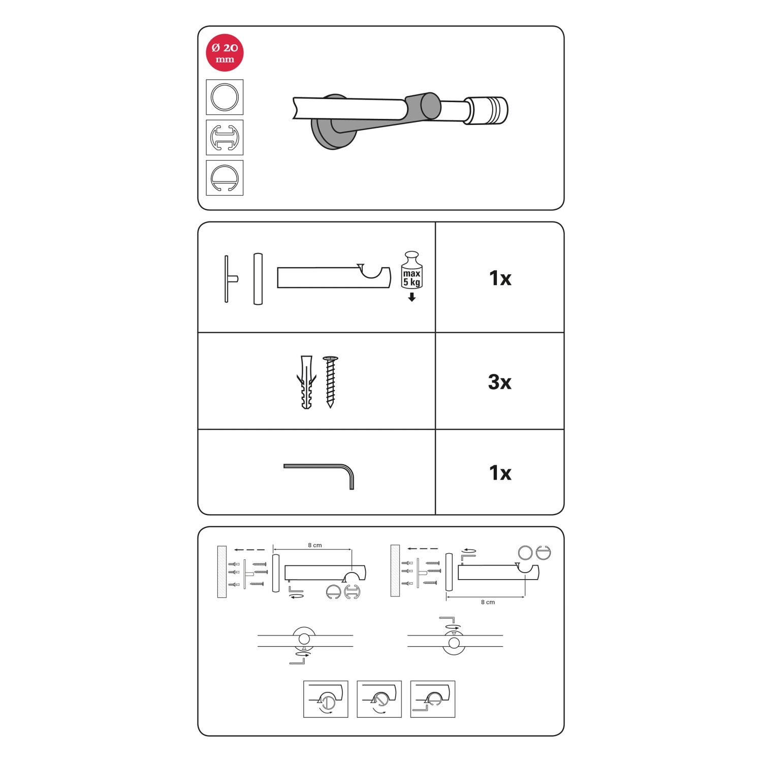 Abbildung des Gardinia Trägers Chicago, offen, schwarz, 8 cm, für 20 mm Stangen, mit Montagezubehör.