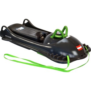 Anthrazitfarbener Schlitten "Mountain Racer" mit Metallbremse und grünen Akzenten.