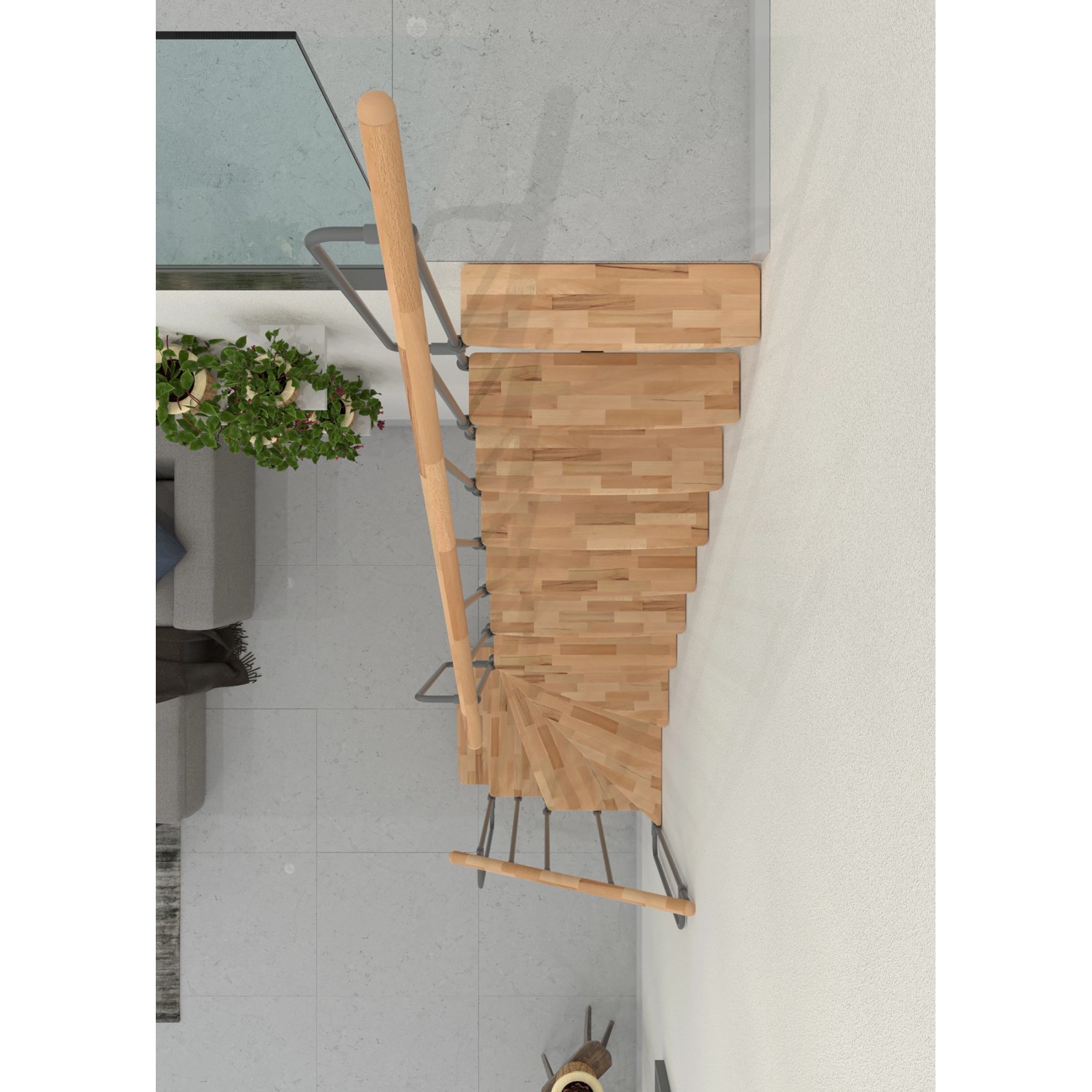 Minka Raumspartreppe Joker Turn, Grau-Buche hell, von oben. Wendeltreppe mit Holzstufen und grauem Geländer.