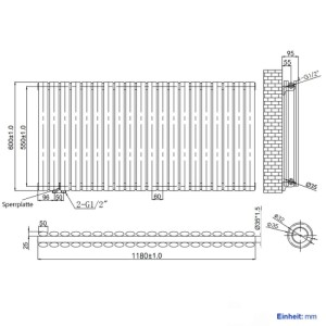 Technische Zeichnung Emke Oval Röhrenheizkörper 1180x600mm, doppellagig, für Warmwasserbetrieb, mit Maßen.