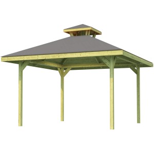 Weka Pavillon Gartenoase 651 mit Dachaufsatz, 380x380 cm, Holzkonstruktion mit grauem Dach.