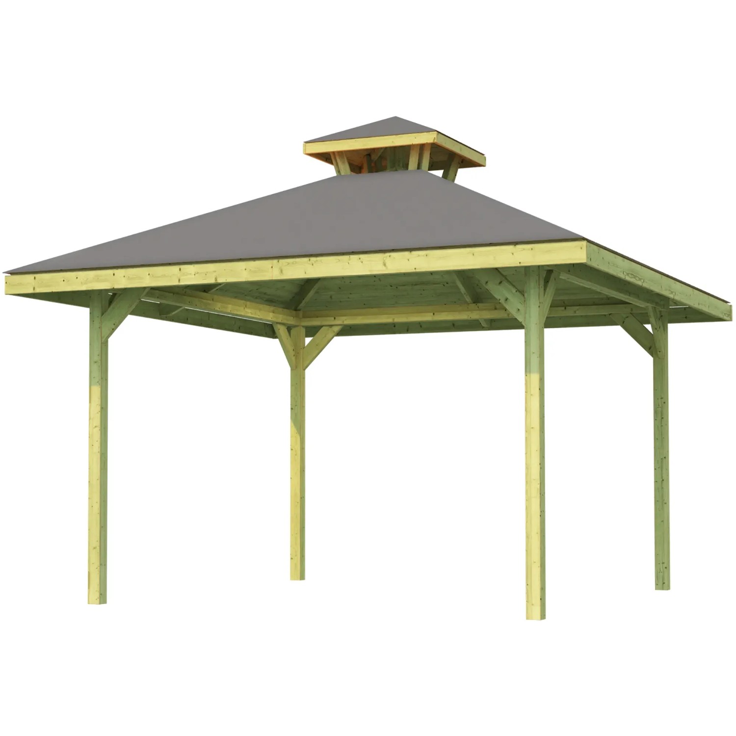 Weka Pavillon Gartenoase 651 mit Dachaufsatz, 380x380 cm, Holzkonstruktion mit grauem Dach.