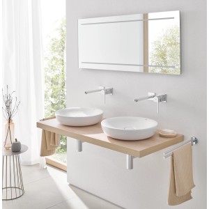 Grohe Essence Aufsatzwaschbecken, 60 cm, Alpinweiß, mit Hahnloch und Überlauf auf hellem Waschtisch.