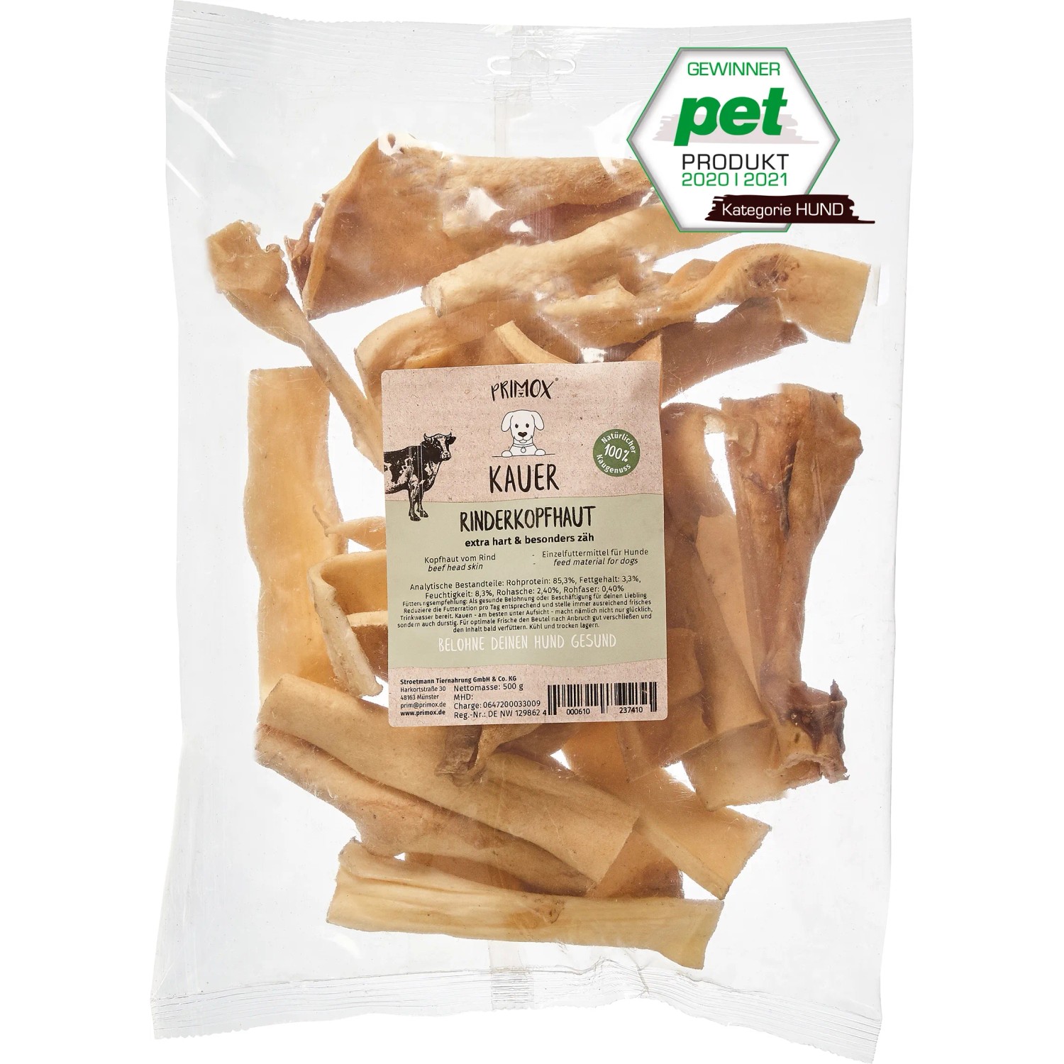 Primox Hunde-Snack Rinderkopfhaut, 500g, getrocknete Kauartikel für Hunde.