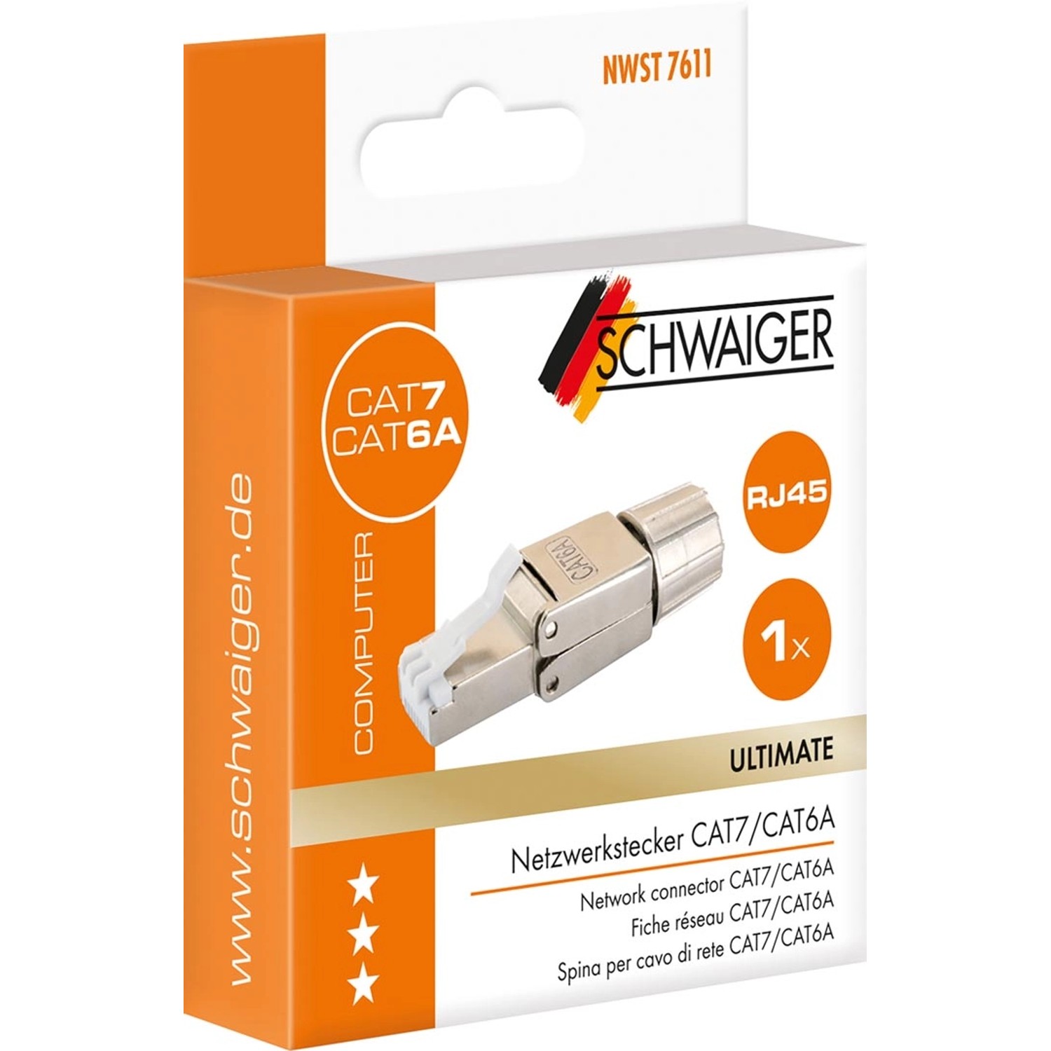 Schwaiger Netzwerkstecker CAT7/CAT6A RJ45 Metall, 1 Stück, in Verpackung.