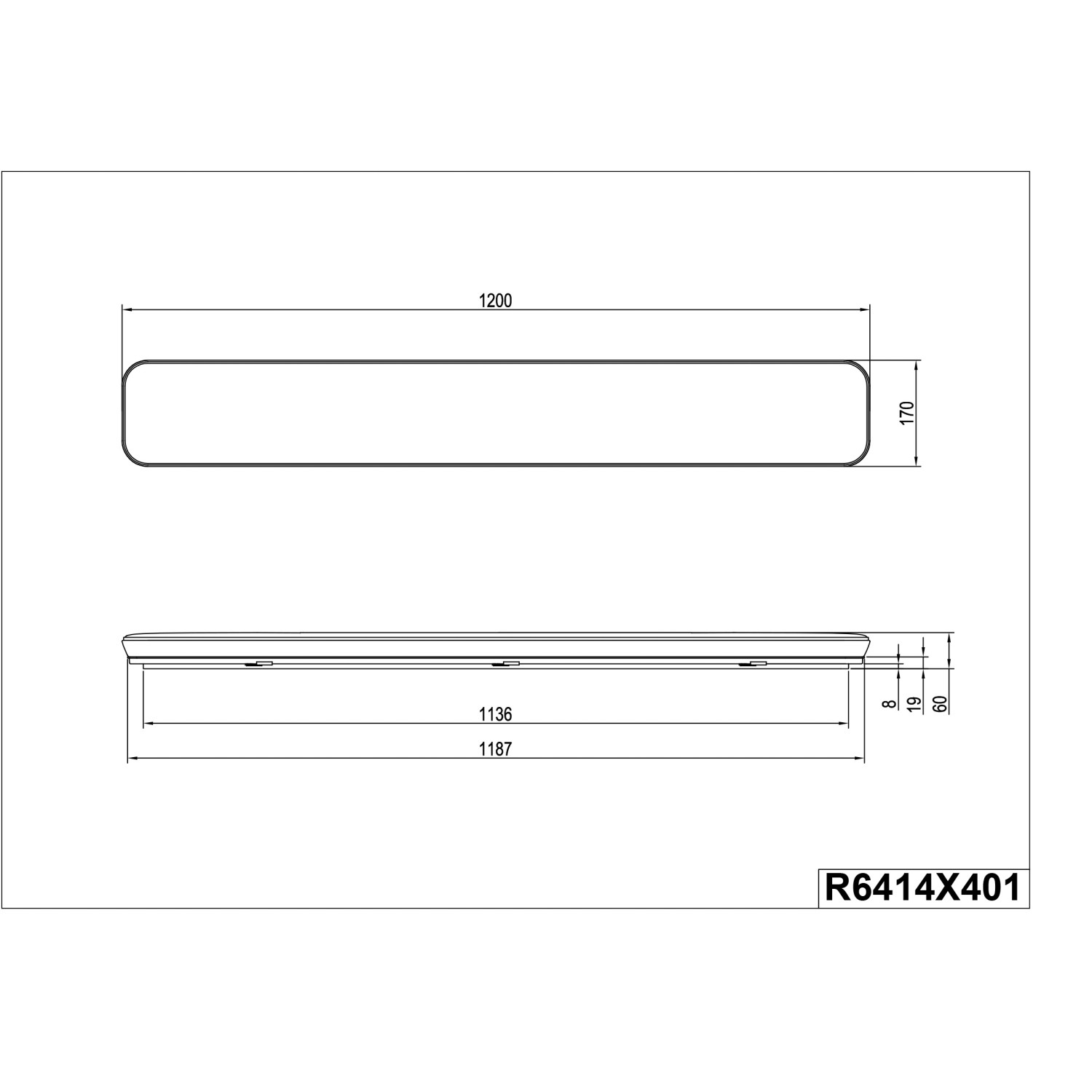 Technische Zeichnung der weißen LED-Deckenleuchte Blanca, 120 cm, mit Maßangaben.