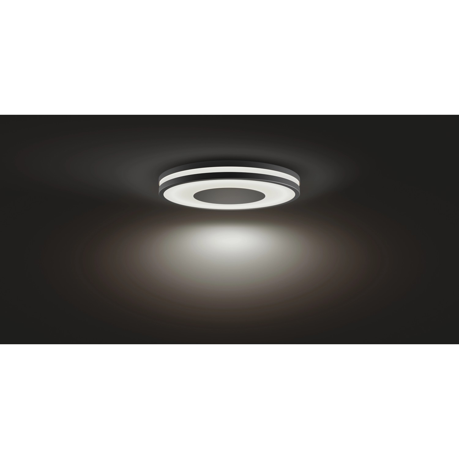 Schwarze Philips Hue Being LED Deckenleuchte mit Dimmer für warmweißes bis kaltweißes Licht.