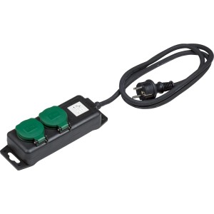 Schwarze 2-fach Steckdosenleiste für Außenbereich mit grünen Schutzdeckeln und Kabel.