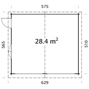 Grundriss der Palmako Holzgarage Roger, 575x510 cm, ohne Tor. Abmessungen und Türposition dargestellt.