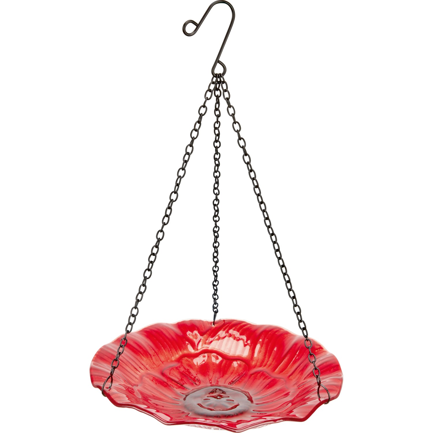 Hängende, rote Vogeltränke aus Glas in Blumenform, Teil der Gartendekoration.