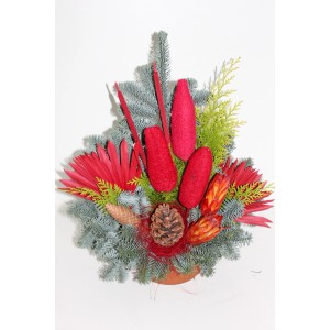Rote Grabschale Nobilis, ca. 18 cm, mit Tannengrün, Zapfen und Zierblumen für Gedenktage.